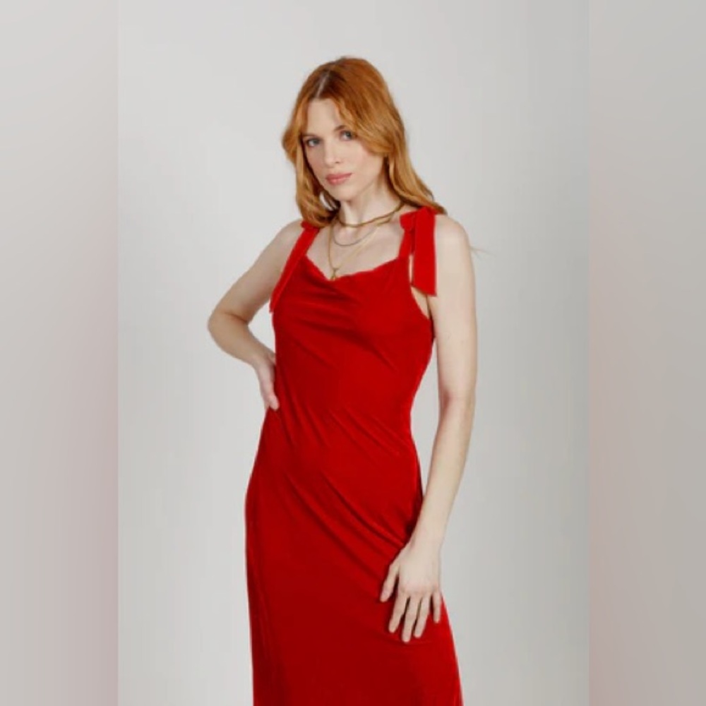 NWT Band Of The Free LORNA RED VELVET MIDI DRESS Tie Shoulder straps Side Slit